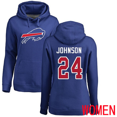 NFL Women Buffalo Bills #24 Taron Johnson Royal Blue Name and Number Logo Pullover Hoodie Sweatshirt